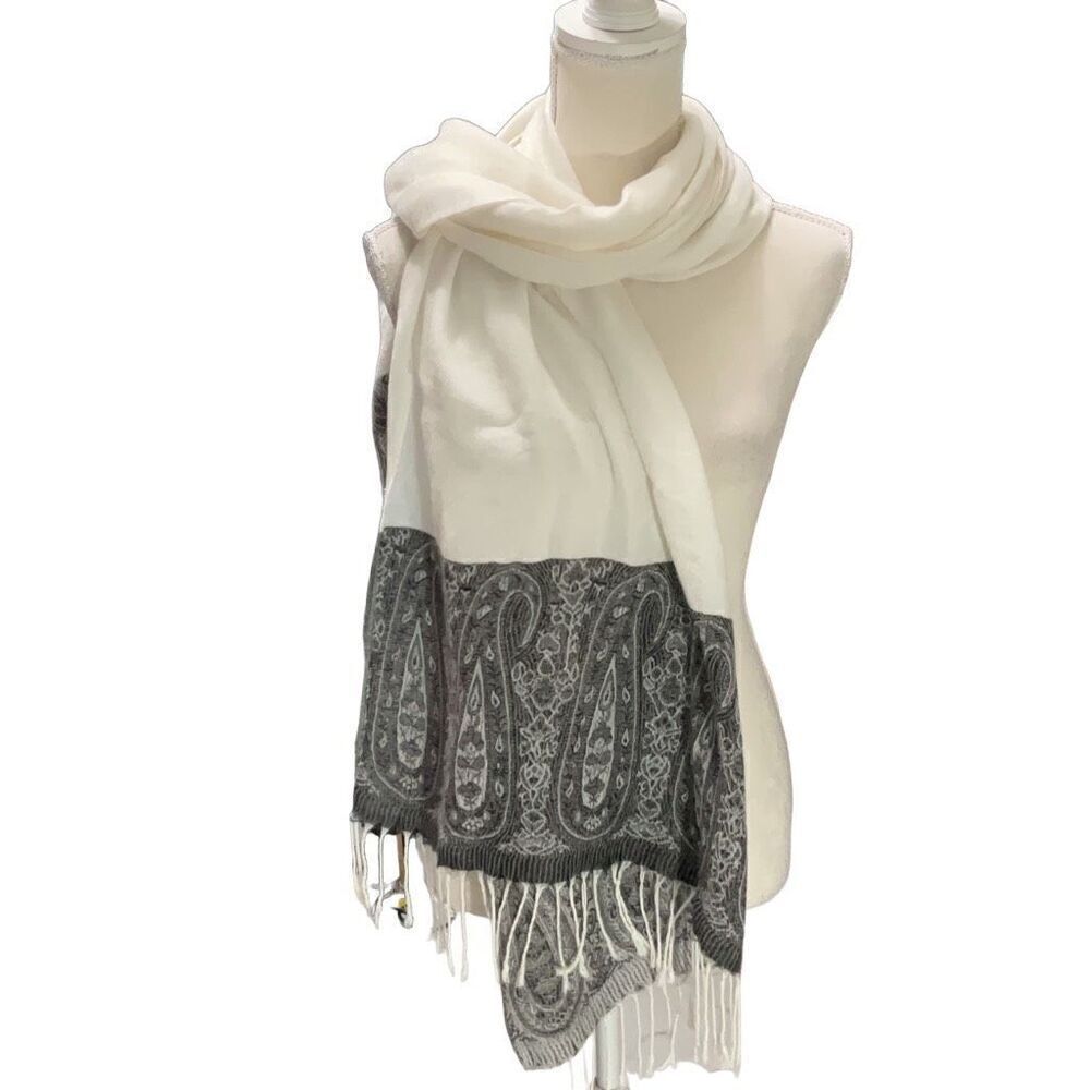 Scarf Wrap Cream Charcoal Paisley 3” Fringes 28” x  73”